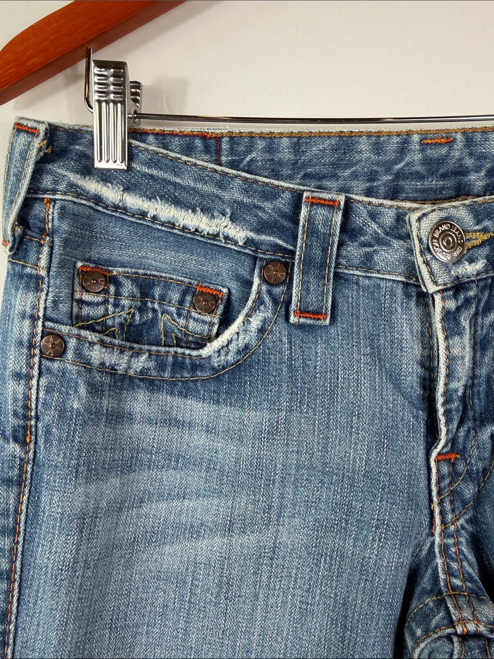 True Religion Y2K Light Blue Flared Jeans with Subtle Distress Size 29. Worn Hem - Picture 3 of 12